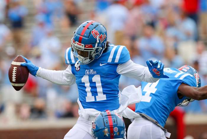 Dontario Drummond celebrates a touchdown reception in the first half against Florida (via. Ole Miss Athletics)